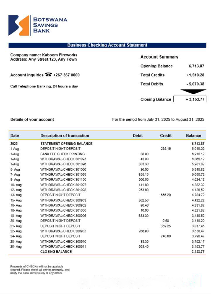 Savings Bank enterprise statement Word and PDF format download template file