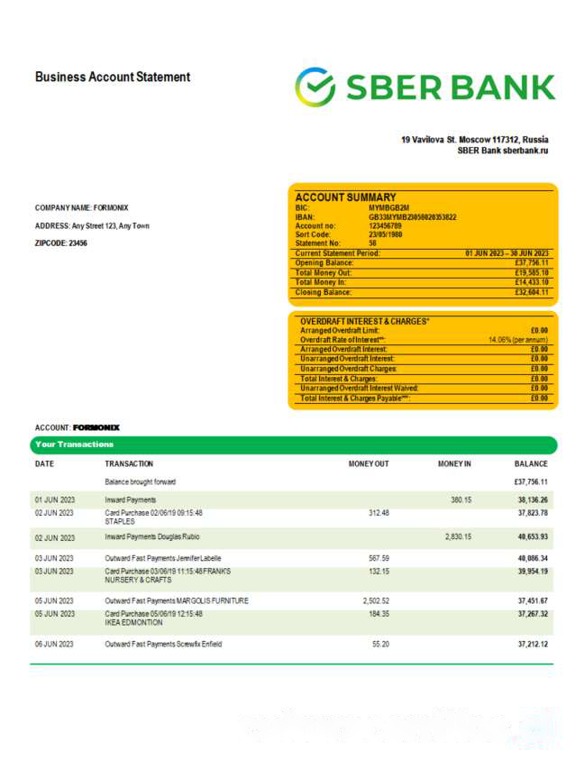 Sberbank Bank enterprise checking account statement Word and PDF template download template file