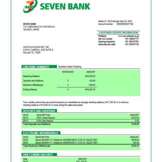 Seven Bank company checking account statement Word and PDF template download template file