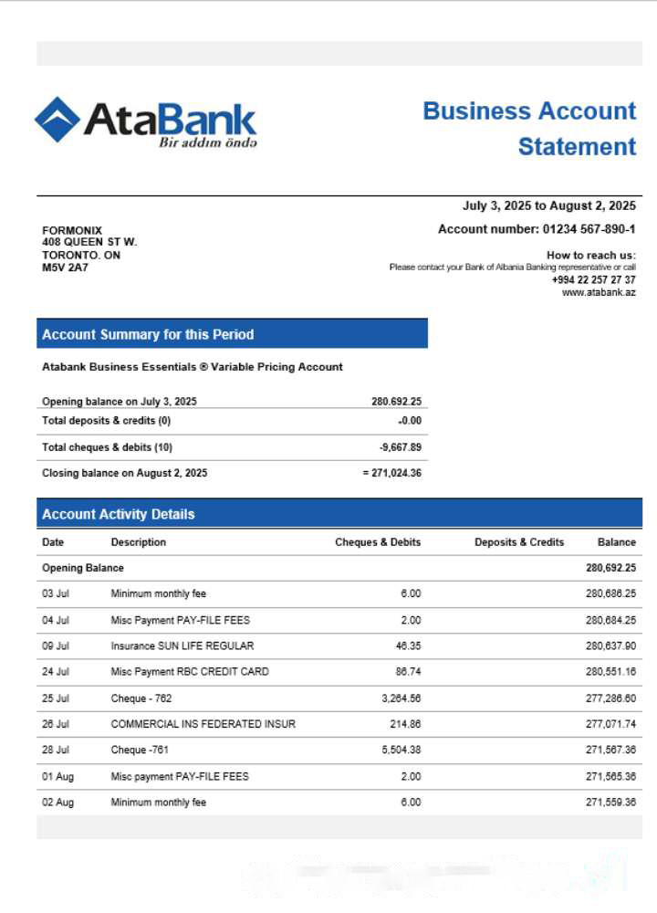 Atabank business organization checking statement Word and PDF format download template file