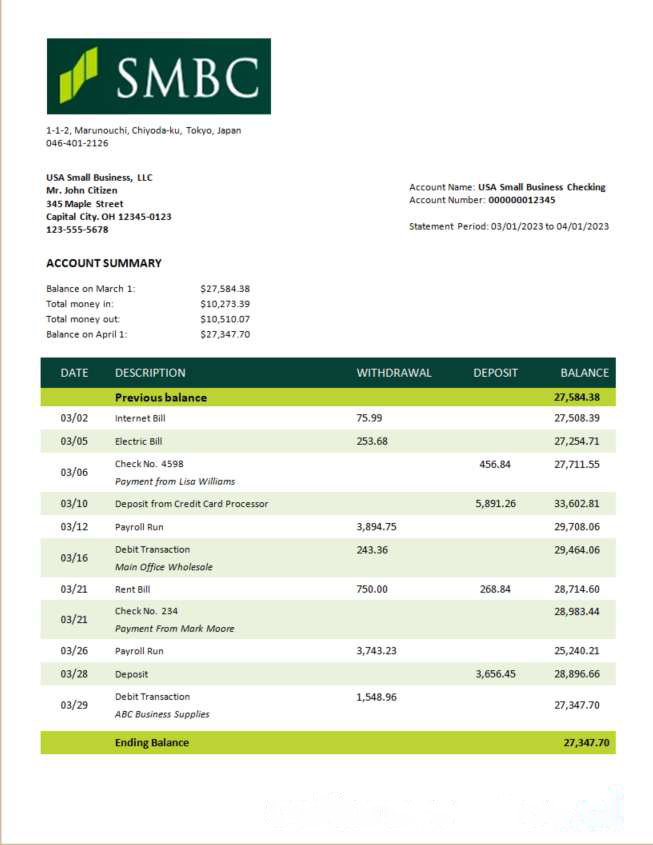 SMBC Bank firm account statement Word and PDF template download template file