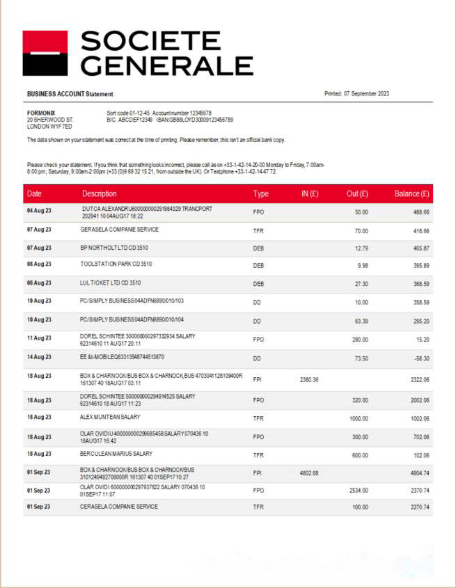 Societe Generale Bank firm account statement Word and PDF template download template file