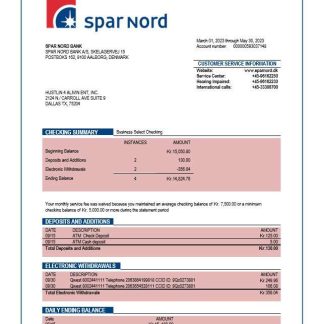 Spar Nord Bank company checking account statement Word and PDF template download template file