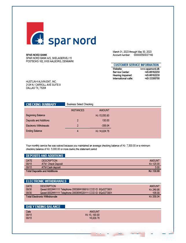 Spar Nord Bank company checking account statement Word and PDF template download template file