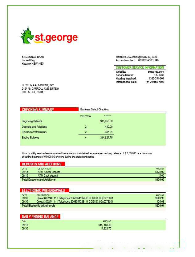 St. George Bank organization statement Word and PDF template download template file