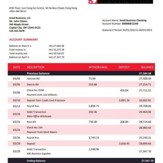 Sung Hung Kai Bank company account statement Word and PDF template download template file