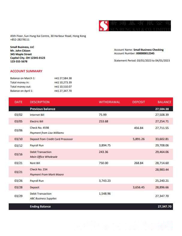 Sung Hung Kai Bank company account statement Word and PDF template download template file