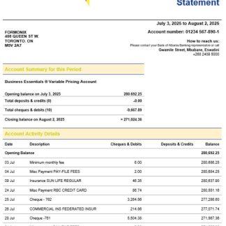 Swazibank Limited company checking account statement Word and PDF template download template file