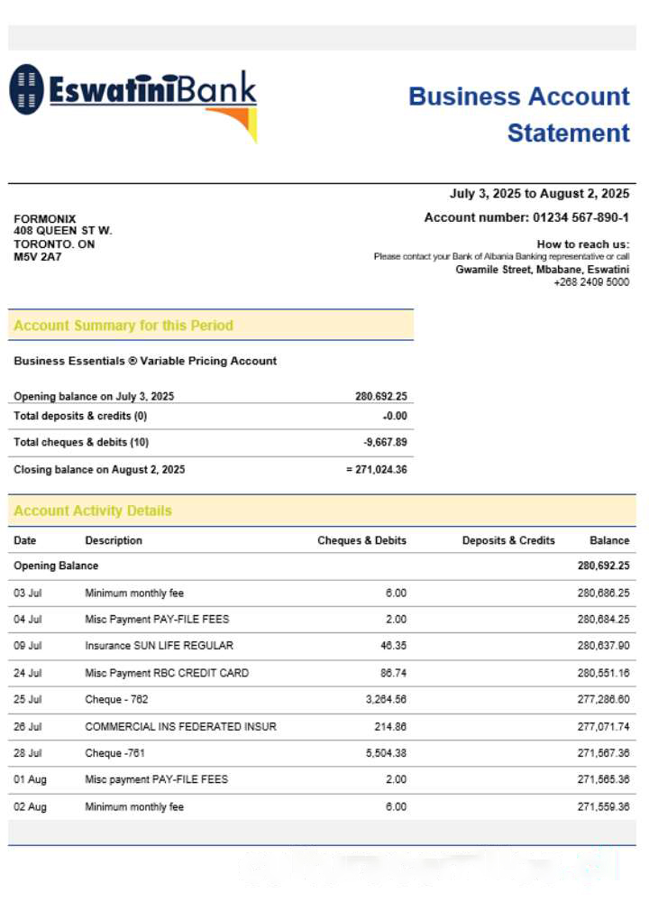 Swazibank Limited company checking account statement Word and PDF template download template file