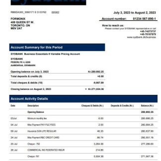 Sydbank enterprise account statement Word and PDF template download template file