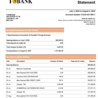 T bank business bank statement Word and PDF format download template file