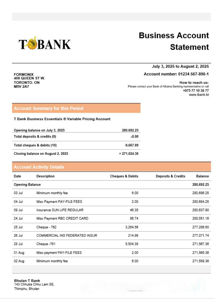 T bank business bank statement Word and PDF format download template file
