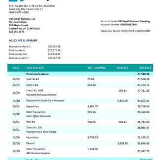 Taipai Fubon Bank corporate checking account statement Word and PDF template download template file