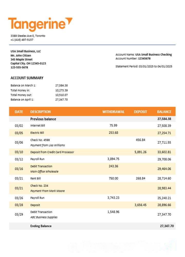 Tangerine business bank statement Word and PDF format download template file