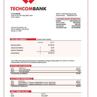 Techcombank corporate checking account statement Word and PDF template download template file