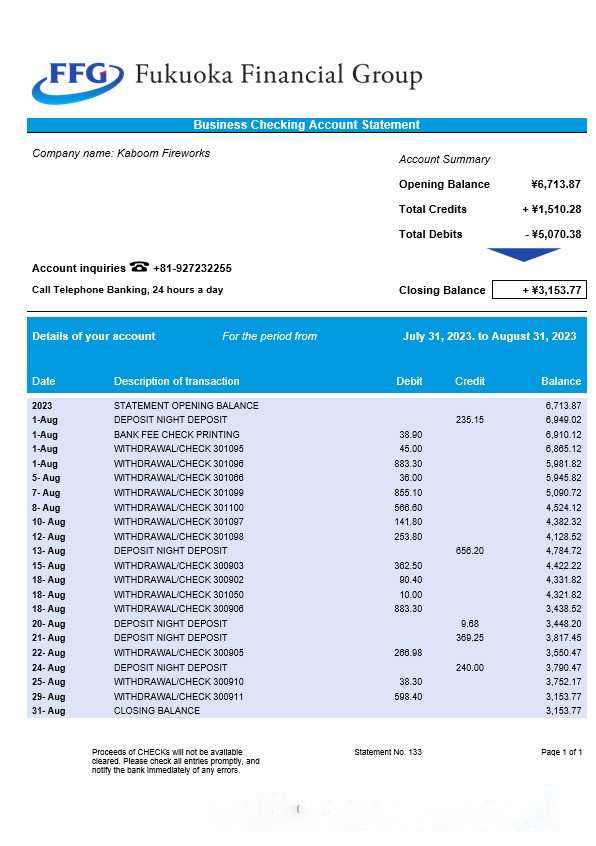The Bank of Fukuoka firm account statement Word and PDF template download template file