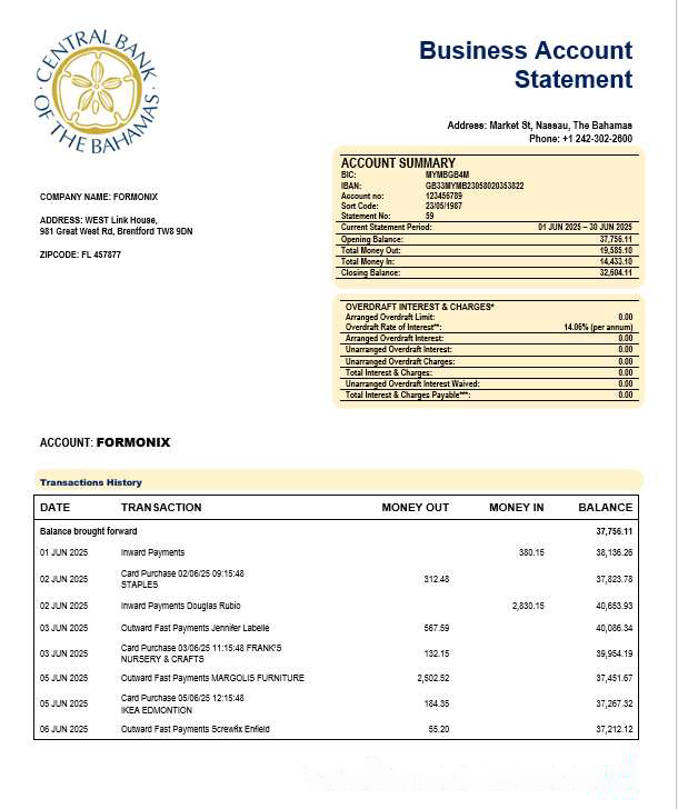 The Central Bank of Bahamian enterprise account statement Word and PDF template download template file
