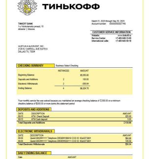 Tinkoff Bank firm statement Word and PDF template download template file