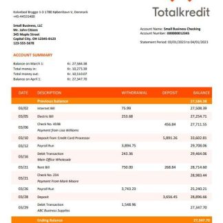 Totalkredit Bank organization account statement Word and PDF download template file