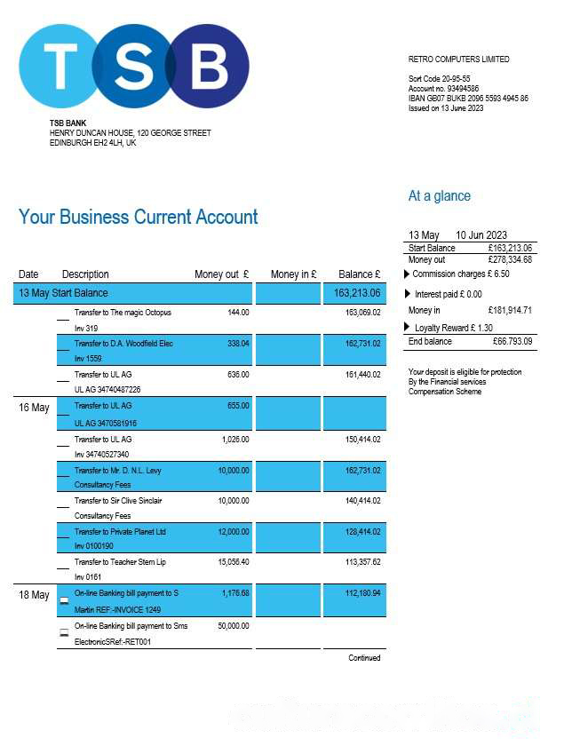 TSB Bank firm account statement Word and PDF template download template file