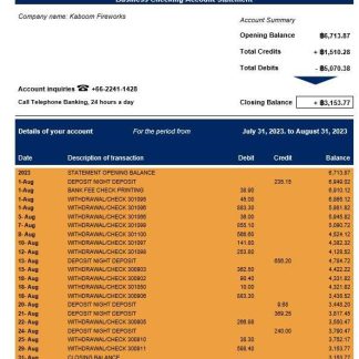 TTB Bank corporate checking account statement Word and PDF template download template file