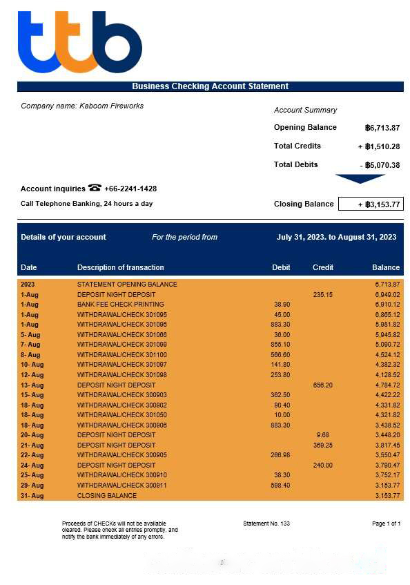 TTB Bank corporate checking account statement Word and PDF template download template file