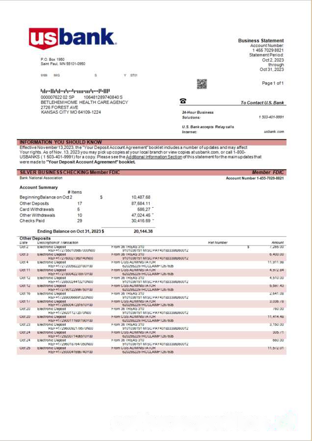 U.S. Bank organization account statement Word and PDF template download template file