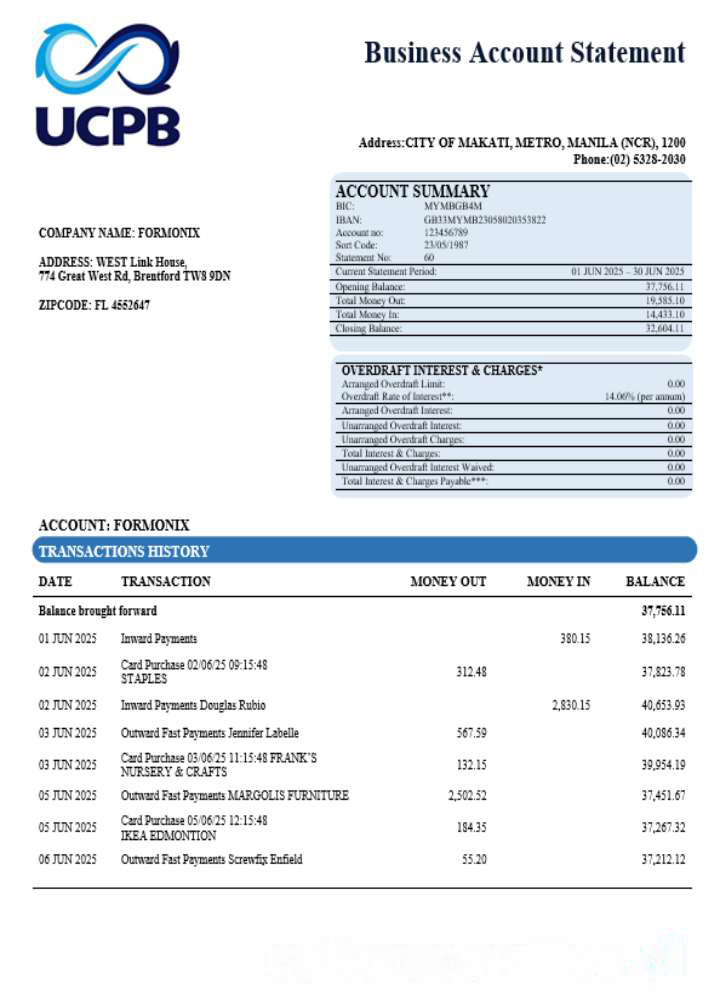 UCPB bank company statement Word and PDF format download template file