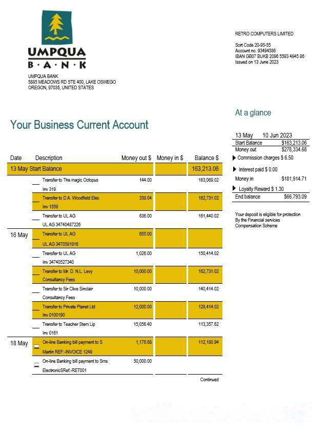 Umpqua Bank organization checking account statement Word and PDF template download template file