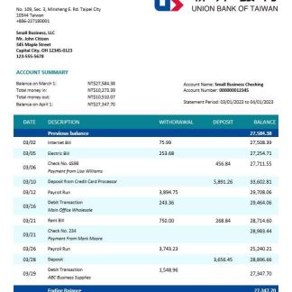 Union Bank of Taiwan company account statement Word and PDF template download template file