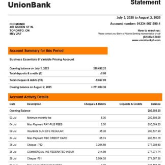 Unionbank company statement Word and PDF format download template file
