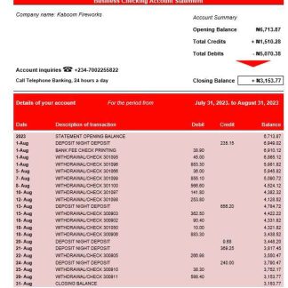 United Bank for Africa organization account statement Word and PDF template download template file