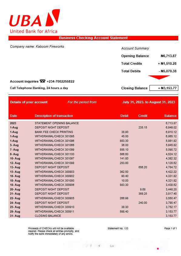 United Bank for Africa organization account statement Word and PDF template download template file