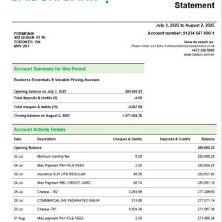 Baiduri Bank business account statement Word and PDF template download template file