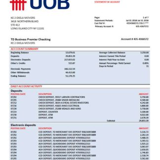 UOB (United Overseas Bank) firm account statement Word and PDF template download template file