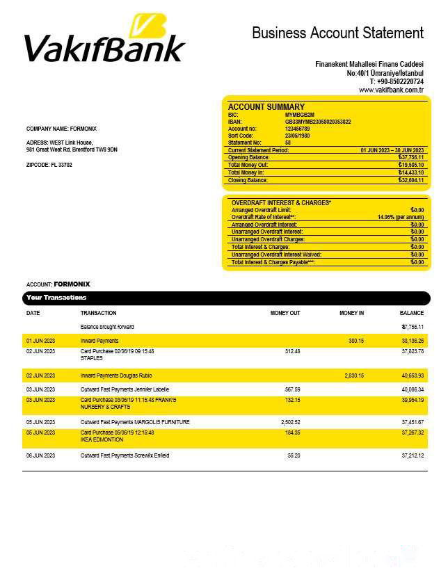 Vakifbank company account statement Word and PDF template download template file