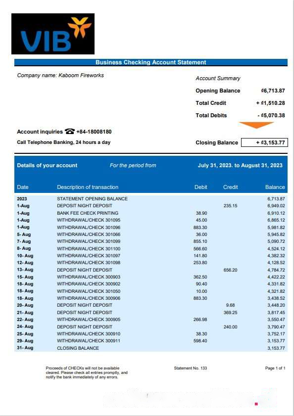 VIB Bank business checking account statement Word and PDF template download template file