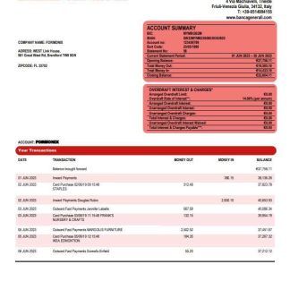 Banca Generali organization checking account statement Word and PDF template download template file