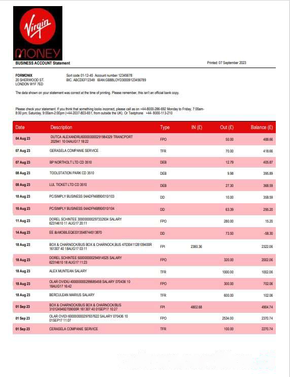 Virgin Money Bank firm account statement Word and PDF template download template file