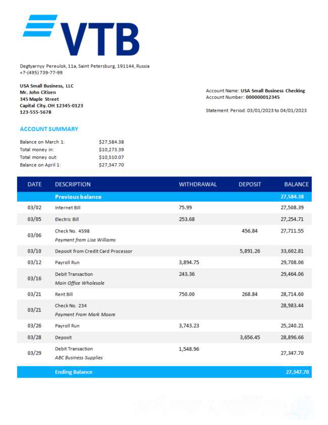 VTB Bank firm account statement Word and PDF template download template file