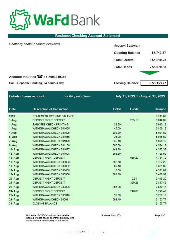 Washington Federal Inc Bank business checking account statement Word and PDF template download template file