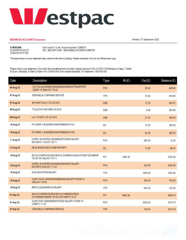Westpac Bank organization statement Word and PDF template download template file