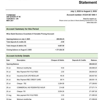 Wise company checking account statement Word and PDF template download template file
