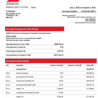 Zenith Bank business checking account statement Word and PDF template download template file