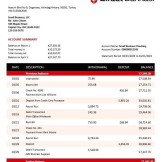 Ziraat Bankasi business checking account statement Word and PDF template download template file