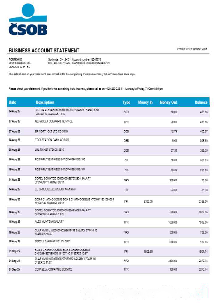 Československá obchodní Banka Business Bank Company Statement Download Template File