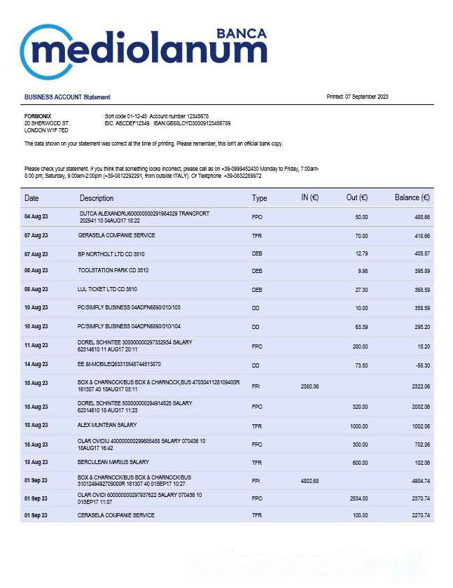 Banca Mediolanum firm account statement Word and PDF template download template file