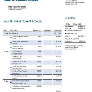 Banca Populaire di Sondrio Business Bank statement Word and PDF template download template file