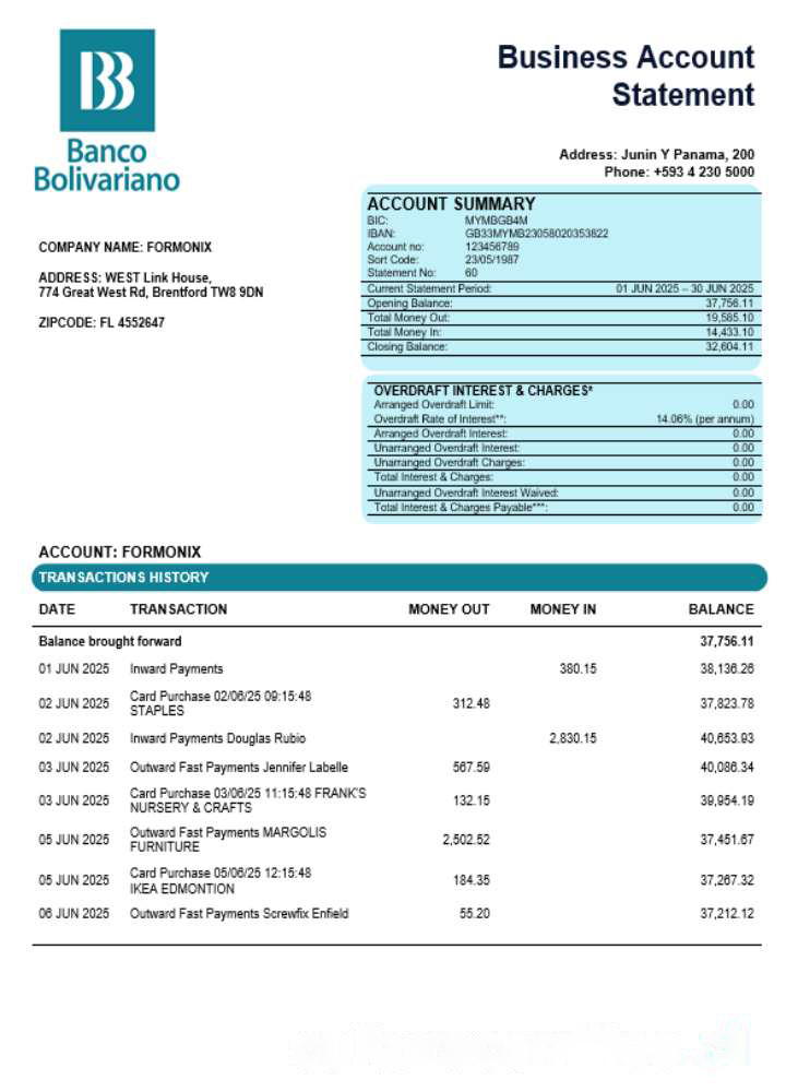 Banco Bolivariano company statement Word and PDF format download template file