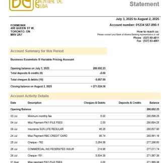 Banco Central de Cuban bank business firm account statement Word snd PDF format download template file
